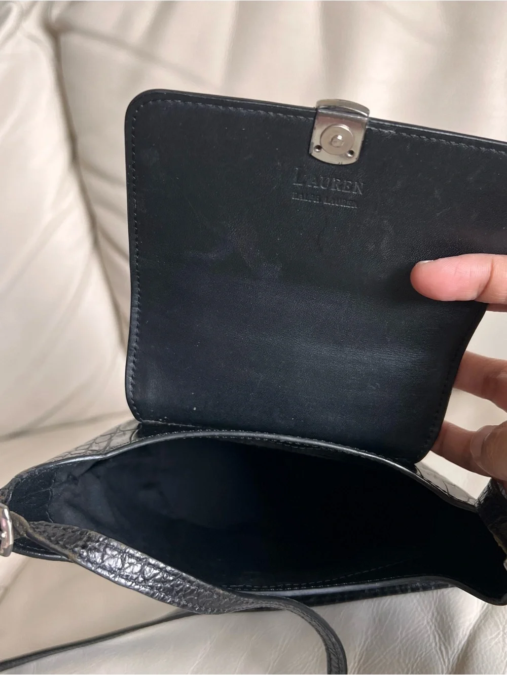 Lauren Ralph Lauren Black Croc-Embossed Leather Shoulder Crossbody Bag